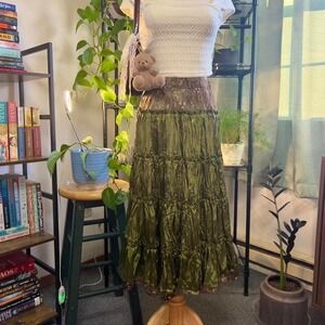 Green Fairy Midi Skirt Tiered Lace Women's Size‎ XS Y2K Style Boho Whimsy